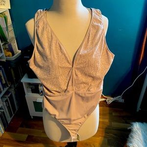 Cream tan bodysuit plunging neck open back